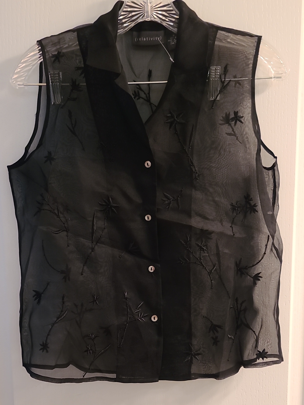 Relativity Sheer Black Embroidered & Beaded Button-Front Sleeveless Blouse